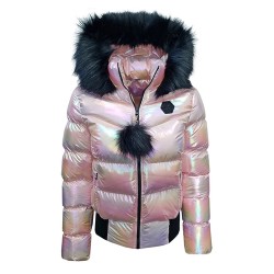 Дамско пухено яке с качулка, City Angels Jeans, Бледорозов лак, 6814